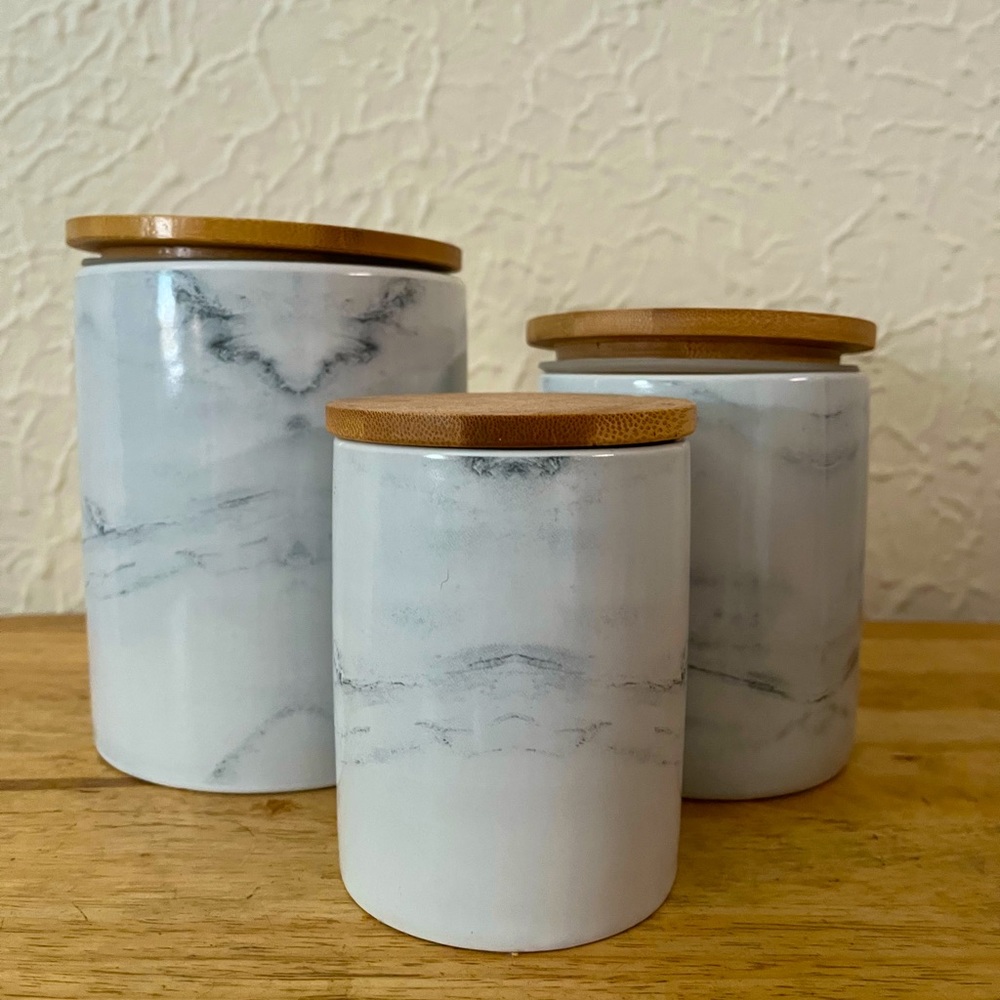 Set of 3 white marble ceramic containers. Made for sugar/flour on the counter